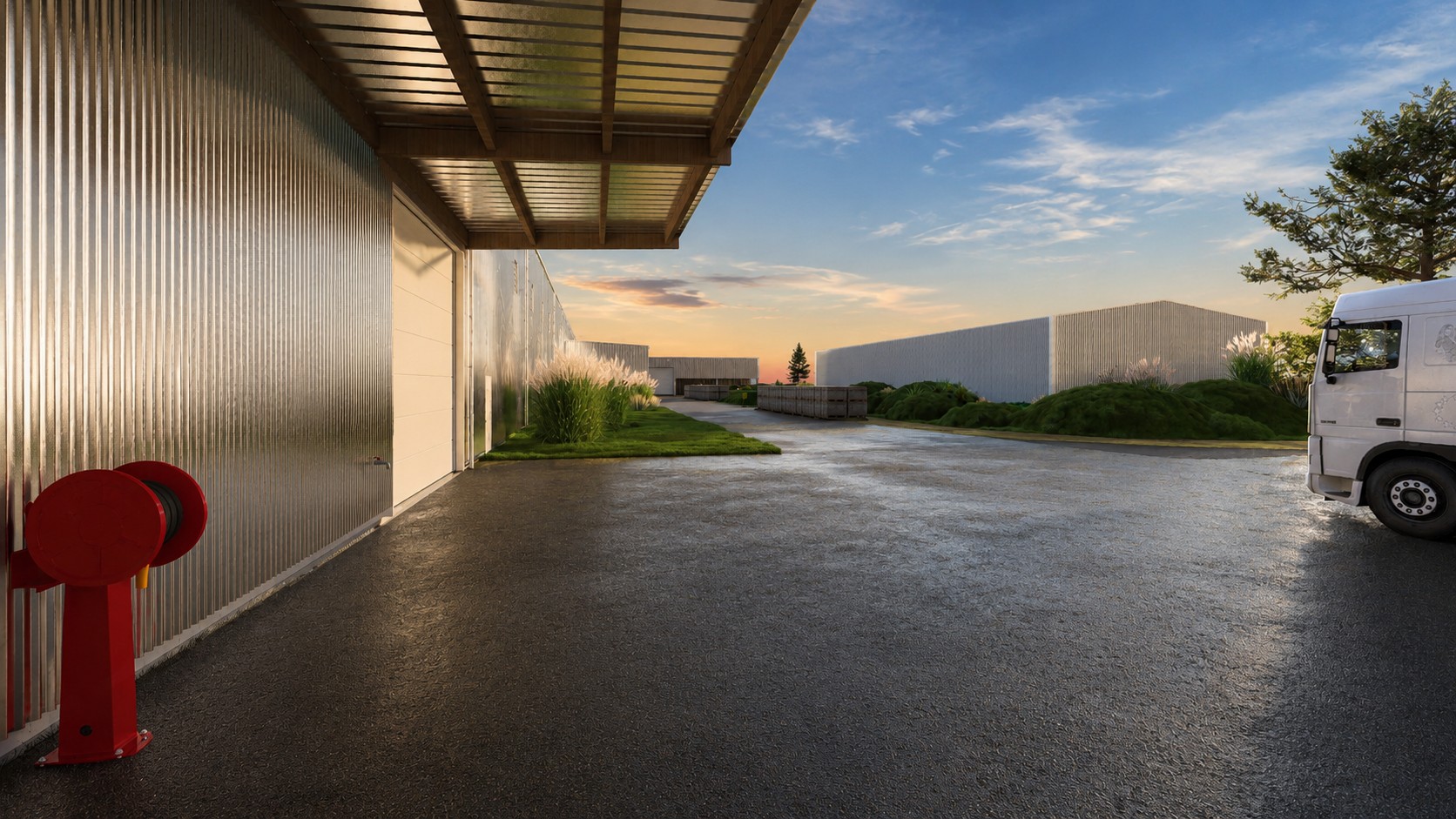 Vue sur l'entrée du batiment de teillage